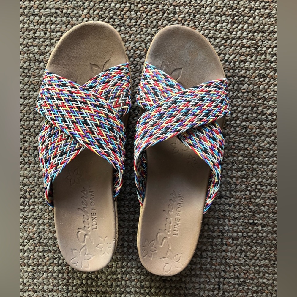 Criss cross wedge slide sandal by Sketchers